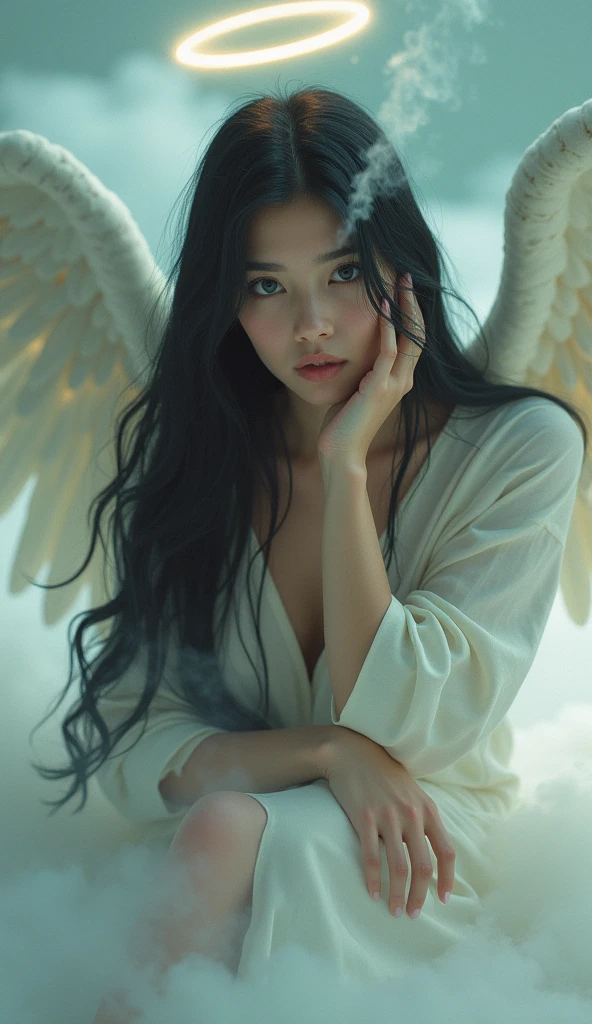 1 girl,Fujifilm、Practical、Long black hair,Large Breasts,Angel,Angel的翅膀,Halo,White tunic,Lazy,slow,Empty eyes,boring,,A sigh,Half closed eyes,Sharp eyes,open eyes,The air is heavy,sit,Right knee raised,Place your right elbow on your right knee,Holding a cigarette in right hand,Cigarette smoke exhaled from her mouth,Heaven,The floor is made of fluffy clouds,