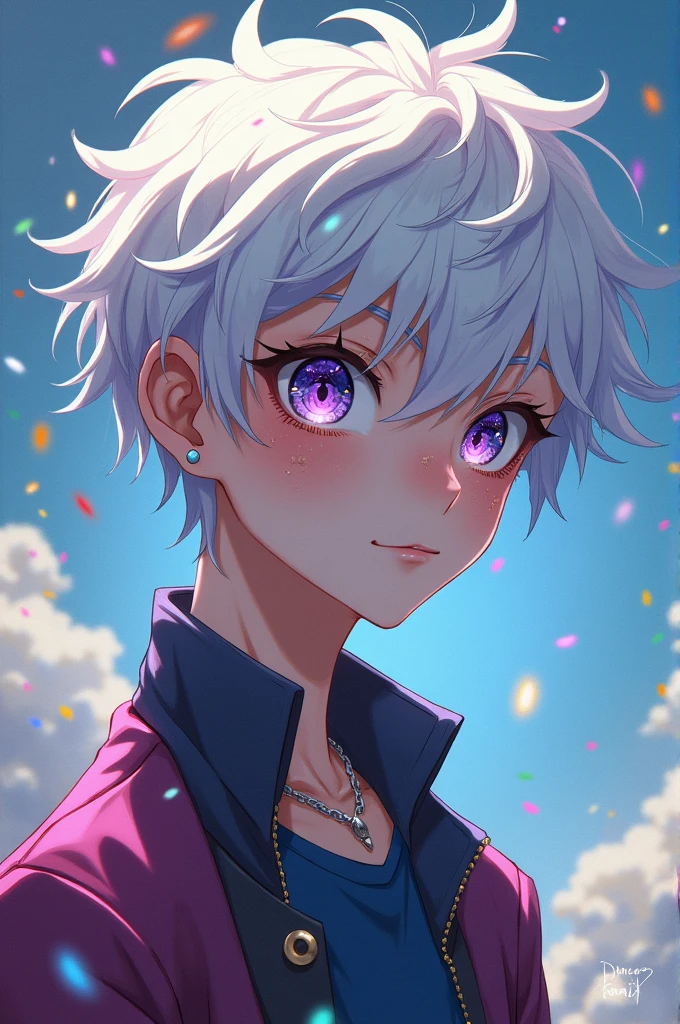 an anime boy, my hero academia style. White hair with rainbow highlights. White skin with vitiligo and some freckles. Purple eyes with yellow sparkles and white eyelashes. With the gift of controlling matter