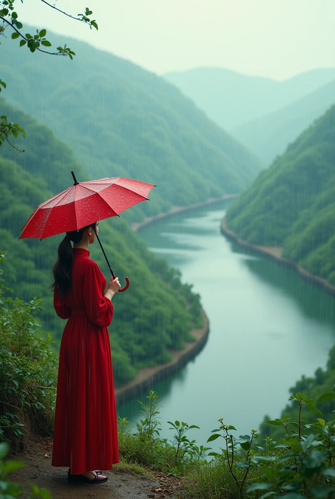 Rainy drops with a lady in red umbrella by the hill side near river