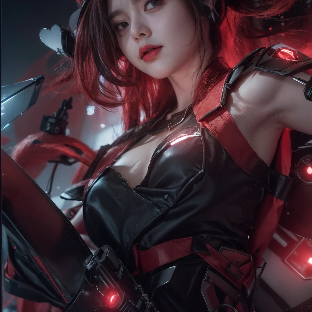 Realistic, Extreme close up, Create a confident and striking girl character with red hair styled in pigtails. She is wearing a futuristic police uniform with a RED and black color scheme, detailed with a badge on her cap and shoulder. Her outfit is form-fitting and features various high-tech elements, including glowing blue accents. The setting is a neon-lit cityscape at night, with a cyberpunk aesthetic. She exudes an air of authority and readiness, with a flirtatious wink and a small pink heart floating near her face. BACKGROUND HAS A NAME READING “IVY”