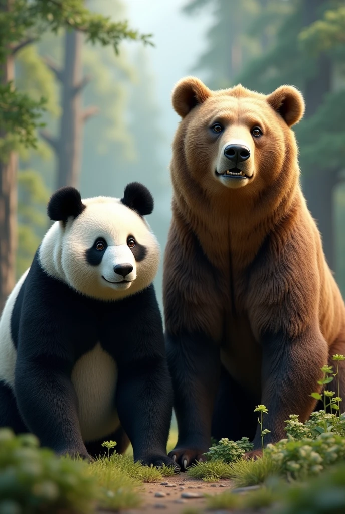 Make a picture of a panda bear and a brown bear in the forest to give a message that the bears are the same size