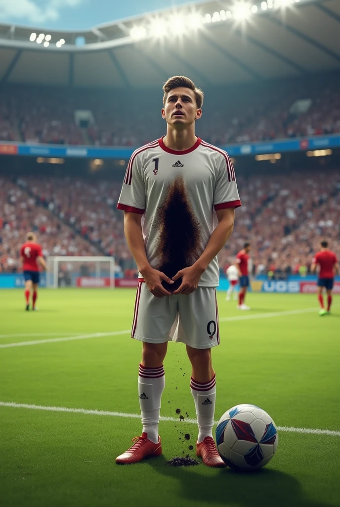 full body view, one young white european cute Soccer college boy with undercut clean shaved haircut , in muddy burgundy soccer jersey, muddy white soccer shorts, in his muddy long high white soccer socks, no shoes, lying, stuck in mud, terrified, screaming, his muddy socks must be seen