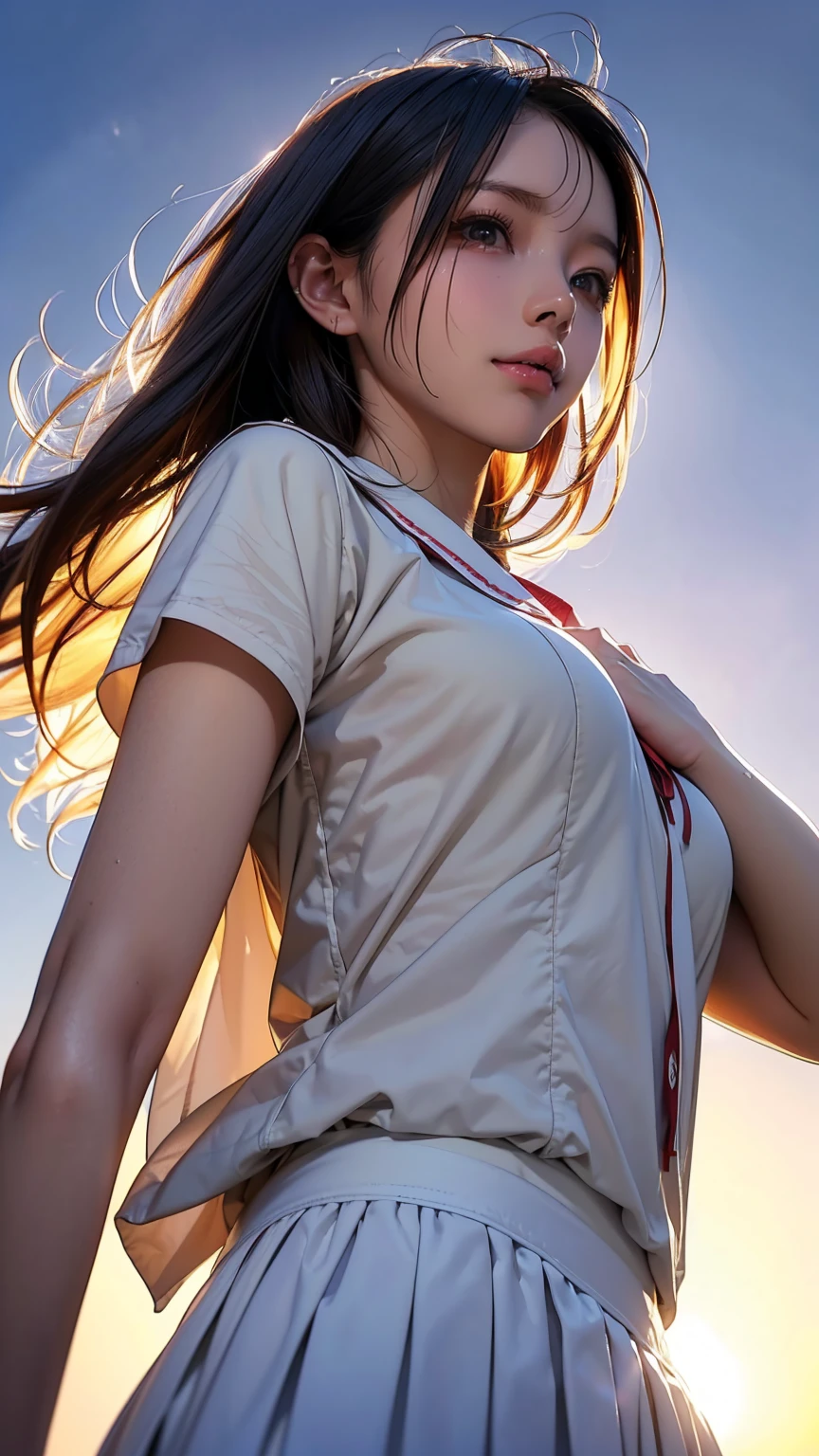 Realistic, masterpiece, Highest quality, Highest Resolution, High Detail, Soft Light, Professional Lighting, Backlight, Film Grain, The background is blurred, (Japanese high school girl, Height: 162cm, Small Tits), (The subject is a photograph of the upper body taken from below, Photographed from a slight angle:1.3), Walking, (I'm sweating a little, Hair is also wet with sweat), Laughing happily, Open your mouth, Beautiful and detailed eye drawing, Droopy eyes, Dark Eyes, Draw eyelashes carefully, Eyelash extensions, Gal Makeup, Orange Cheek, (White brown braids,Short Hair, middle part:1.3), (Hidden eyelid wrinkles:1.3), (Cool clothing:1.3), (Summer forest, Under the sun through the trees:1.3)