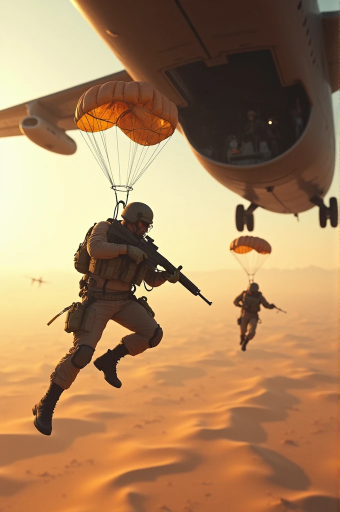 A cargo plane is flying in the air over a desert Area some soldiers are jumping down in desert area from the cargo plane wearing parachute bags with guns in their hands. 