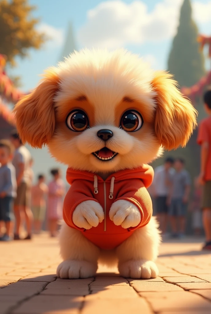 Fascinating, 美味しくふわふわな子犬のシー・ズーの高品質3D Rendering, Exudes cuteness and charm. With a round and plump body、It is softly covered, Vibrant fur and gentle, Small teeth peek out from a slightly open mouth. (Wearing a hoodie)、Its big, Expressive round eyes sparkle, and、Those rosy cheeks are charming. (Upright、Standing on two hind legs), Place your hands gently at your sides, She exudes a charming and friendly aura.. Highlights vibrant colors and textures, Creating visually striking and conceptually unique work., photograph, Conceptual Art, 3D Rendering、（The background is a zoo、crowd、Daytime、sun）
