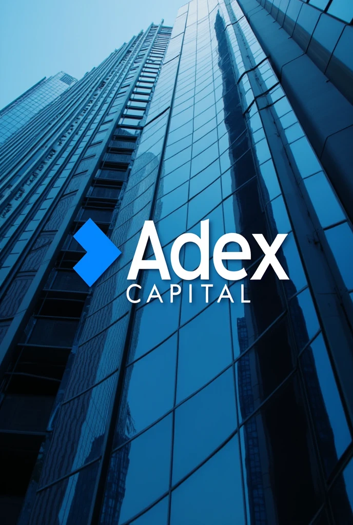 Create me a modern and eye-catching logo for a finance company . ADEX CAPITAL blue letter . Mirror buildings background