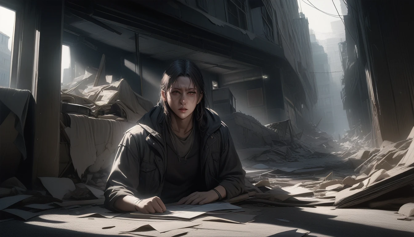 a menacing assassin in a shattered office, anime neo-noir style like 'Death Note', harsh contrasting shadows, dark palette with flashes of muzzle fire, extremely detailed, (best quality,4k,8k,highres,masterpiece:1.2),ultra-detailed,(realistic,photorealistic,photo-realistic:1.37),cinematic lighting,dramatic chiaroscuro,moody atmosphere