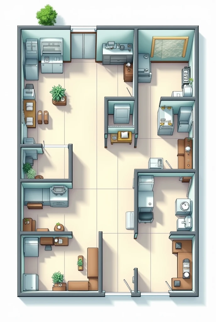 Could you help me create an image of a plan of a veterinary clinic where I have these areas divided and named here with these names?:

a Reception and waiting room, two veterinary consulting rooms, a hospitalization area: 
An operating room, a procedure room, a cleaning and sterilization area, a supply warehouse, two public bathrooms, an administrative office, and a rest area for staff. Please complete it with all the specifications I told you above.