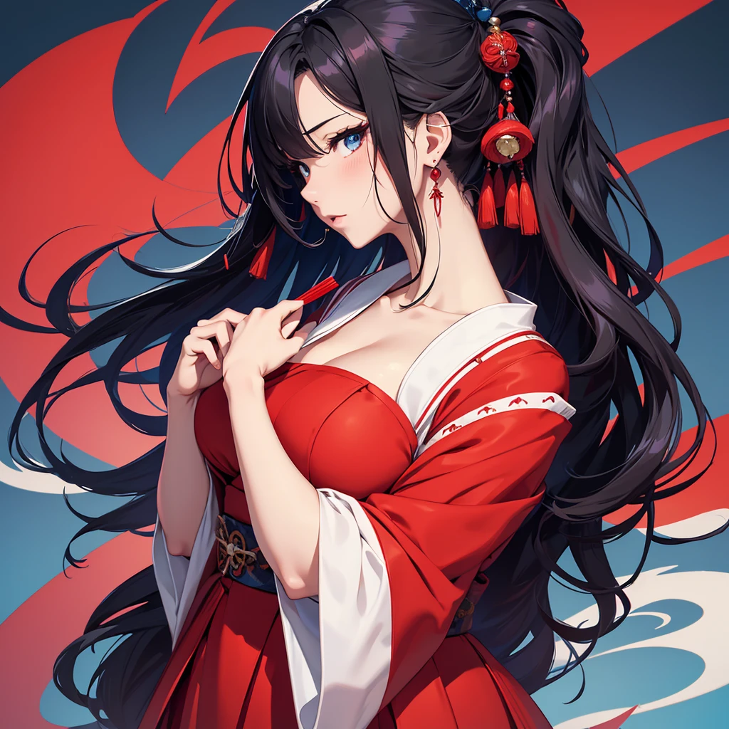 Japanese woman, Long red dress, Fan in hand, best qualityer, detail, details altos, longye hair, Bblack hair, hypdertailed, breasts big, aretes, blushful, blue colored eyes, Seriously, simple background, jewel, anime styling, アニメ,