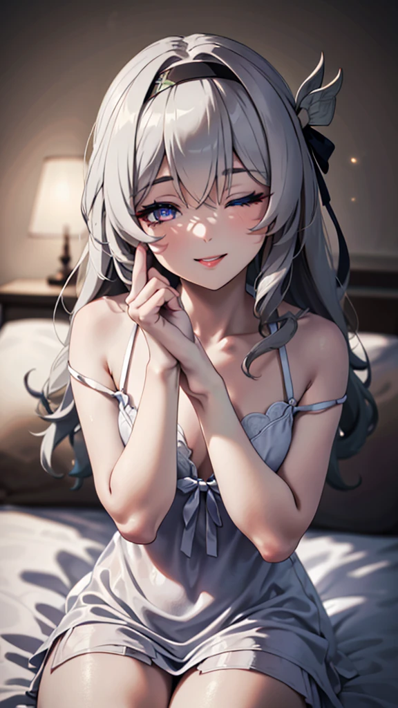 (masterpiece, best quality, absurdres), high quality, highres, ultra detailed, intricate, cinematic lighting, wallpaper, soft lighting, night, night light, close-up, looking at viewer, beautiful woman, 1girl, parted lips, Firefly honkai starrail, firefly HSR, small breasts, grey hair, black bow, hair bow, long stright hair, detailed gradient eyes color, gradient blue and red color eyes, ((Super Realistic Detailed Eyes, glowing eyes)), in bedroom, sitting on the bed, ((wearing a white nightgown, white nightgown, nightgown)), focus on face, cowboy shot, smile, large smilling, (peace pose, one eye closed,, tongue out)