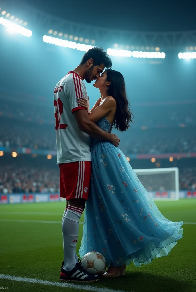 A man and woman kissing eachother in football stadium ground at night time all spot light on them woman is wearing glasses and had black hair . Woman is wearing blue dress high heels . Man is wearing white and red colour 32 number jersey. Siddharth written on jersey. Woman is cupping man s face . Man s one foot resting on a soccer ball. Man is 1 feet taller than woman. Add some audiance in stedium . . Make it real .make boy handsome . Man 2 feet taller than woman. Jersey number is 32. Add goal net in back ground . Make dress long and floral and fluffy and hair set straight. Girl is wearing glasses . Make her wear wedges herl