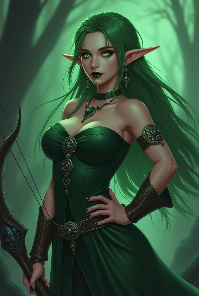 Photography, (masterpiece, best quality) WOWTyrande, 1girl, solo, long hair, breasts, looking at viewer, dress, bare shoulders, jewelry, medium breasts, green eyes, weapon, earrings, green hair, pointy ears, nail polish, hand on hip, makeup, glowing, lipstick, elf, black nails, armlet, colored sclera, bow (weapon), white eyes, black lips, green lips, long pointy ears