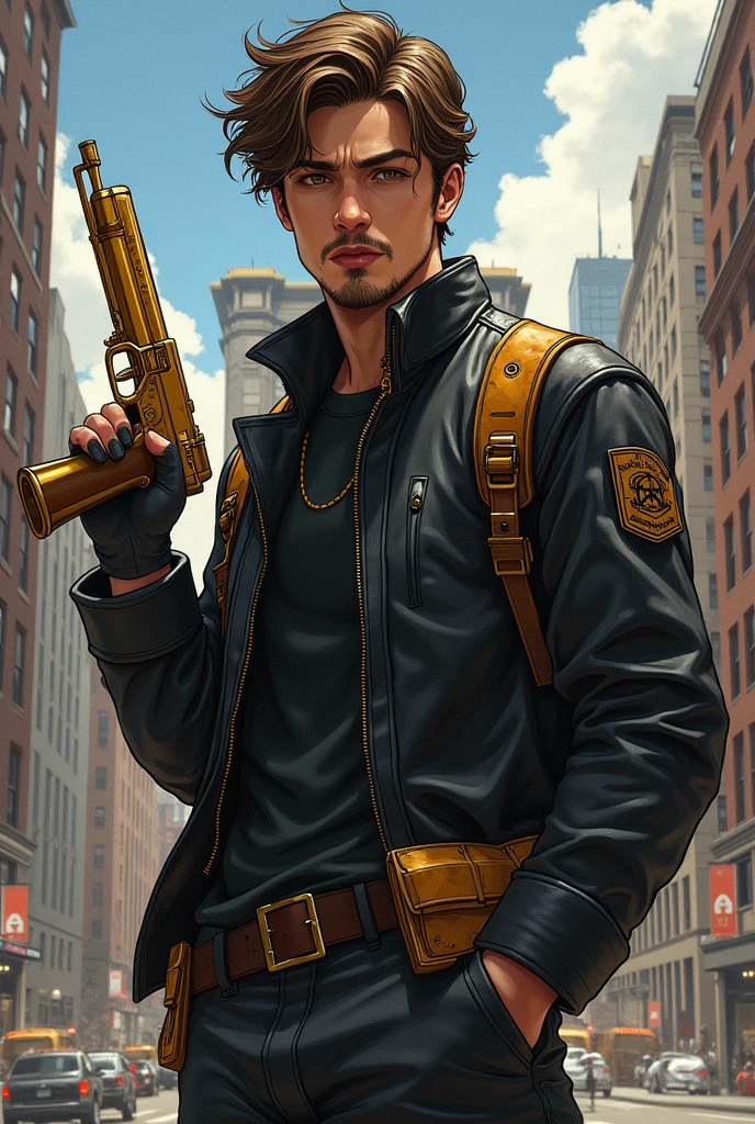 A 20-year-old young man with brown hair, thin beard and a serious expression, illustrated in a detailed style. He is wearing a black leather jacket with yellow-brown accessories, such as buckles and patches. A pair of golden uzi pistols is holstered at his waist, gleaming subtly. A pair of golden pistols is holstered at his waist, gleaming subtly. The background features the iconic Manhattan Bridge in New York City, with the urban landscape visible in the distance, creating a dramatic and modern setting.