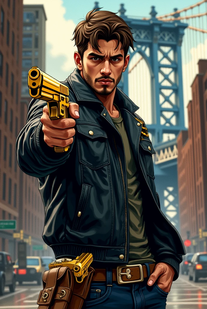 A 20-year-old young man with brown hair, thin beard and a serious expression, illustrated in a detailed style. He is wearing a black leather jacket with yellow-brown accessories, such as buckles and patches. A pair of golden uzi pistols is holstered at his waist, gleaming subtly. A pair of golden pistols is holstered at his waist, gleaming subtly. The background features the iconic Manhattan Bridge in New York City, with the urban landscape visible in the distance, creating a dramatic and modern setting.