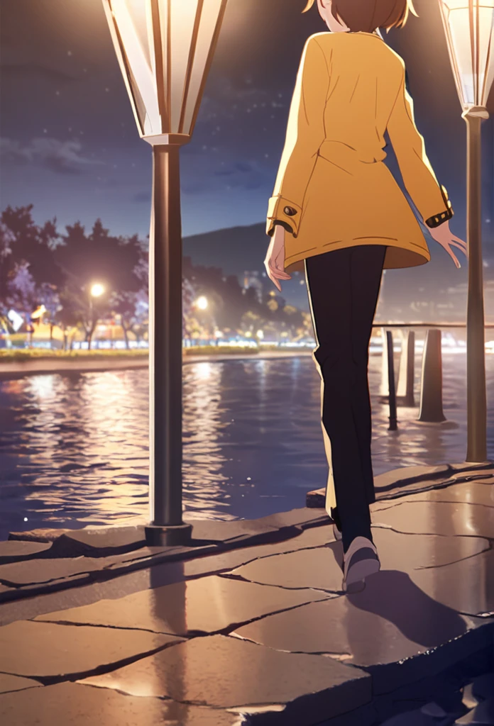 1boy, solo, litle, brown hair, brown eyes, yellow jacket, black Pants, hourglass pendant, open hands, arrogant look, night, walking along the river, promenade