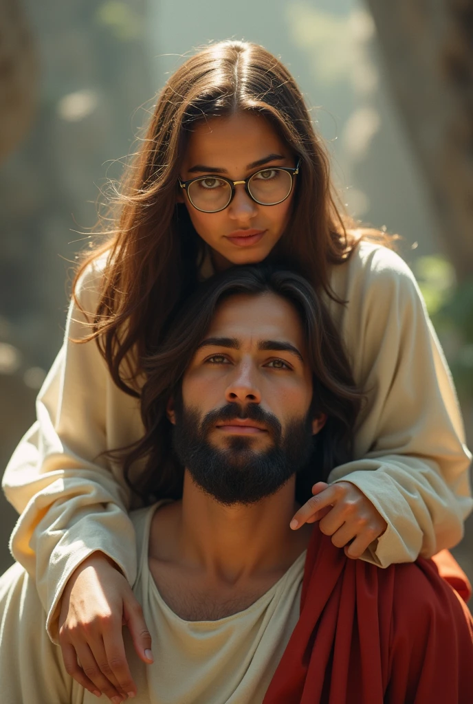 brown haired woman hair on shoulder wearing glasses full mouth brown eyes medium nose on Jesus&#39; shoulders 