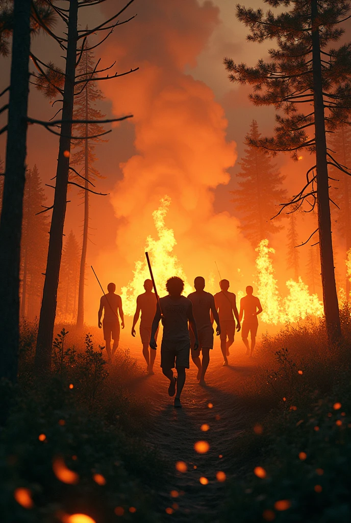 People burning forest , holding fire stick 