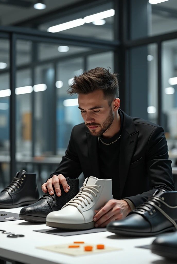 A footwear designer passionate about fashion and creation admiring the new men's shoes from his latest collection, made in a futuristic studio.