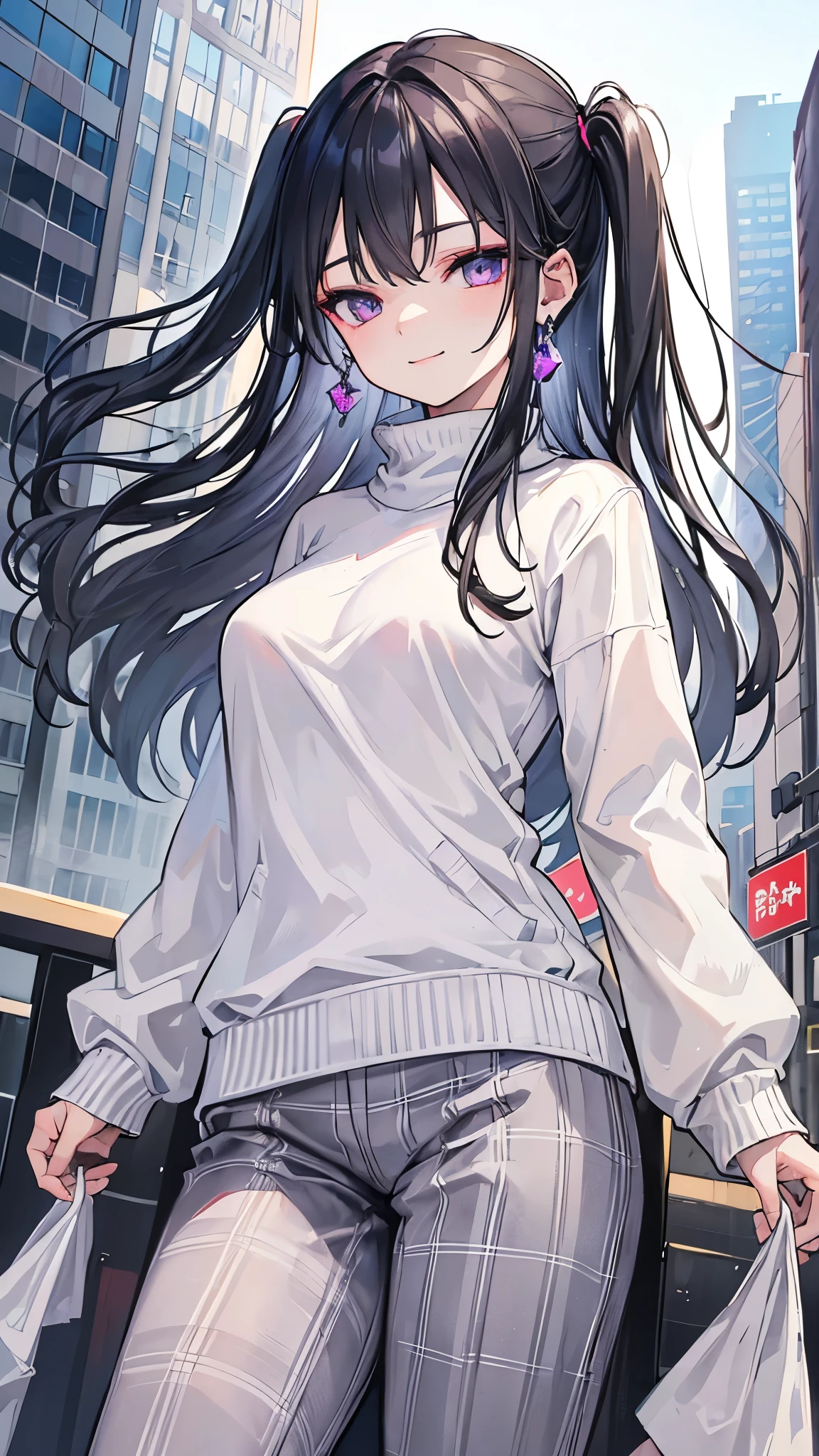 ((masterpiece、Highest quality、Very detailed))、One person、Black Hair、Long Hair、((Two Side Up))、Light purple eyes、evil smile、Earrings、Moderate breasts、((white sweater))、((gray plaid pants))、Cowboy Shot、City Background
