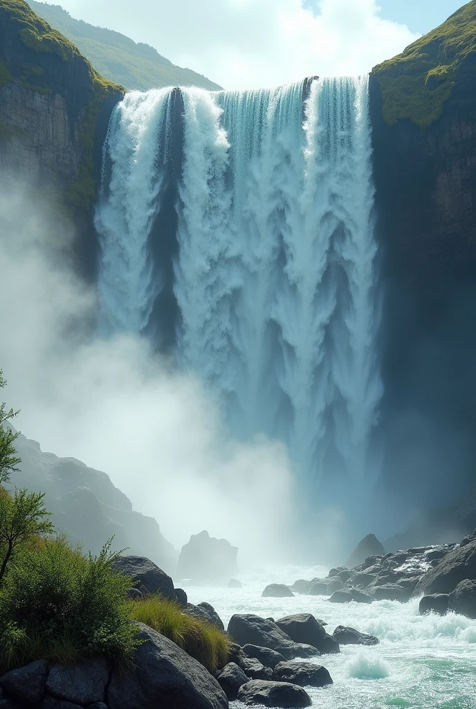 Make a picture of a waterfall with just the waterfall and smoke from the waterfall