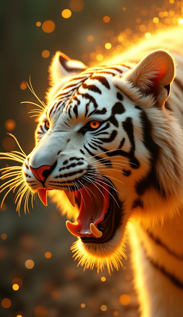 White Tiger,Fantastic fantasy,Glowing in gold,Moody Color,Golden glitter background,Close-up of face,Mouth open