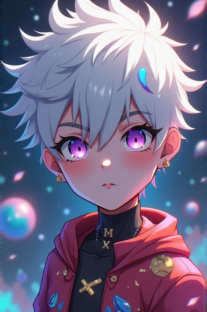 an anime boy, my hero academia style. White hair with rainbow highlights. White skin with vitiligo and some freckles. Purple eyes with yellow sparkles and white eyelashes. With the gift of controlling matter
