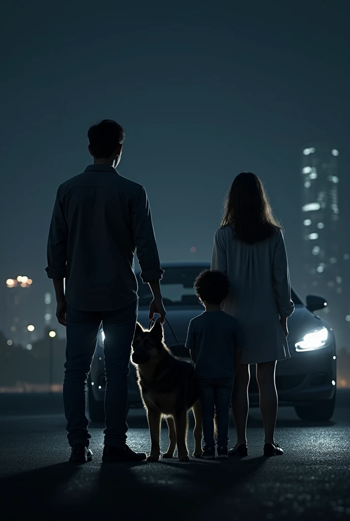 A black car, Behind a family with a German shepherd. Night background and a city in the distance