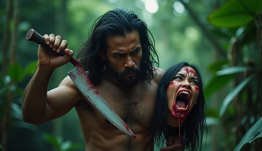 a long hair rugged Malay man, walking and holding a malay woman head in his left hand. his right hand holding a long bloody machete. fierce face, revenge vibe. background of tropical forest. cinematic shot. horror film still. asian horror movie. evil, eerie, gore film, criminal film.