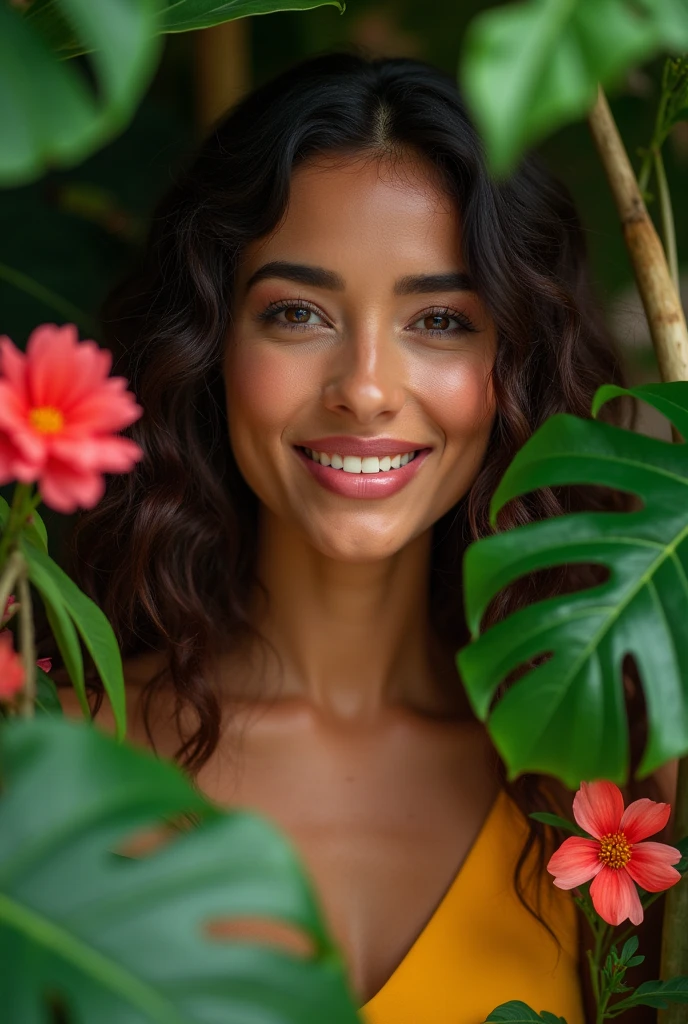 A Brazilian woman in a lush tropical garden, new , with a close-up capturing the harmonious beauty between her breasts and the natural flowers, showing off your natural charm and outgoing personality.