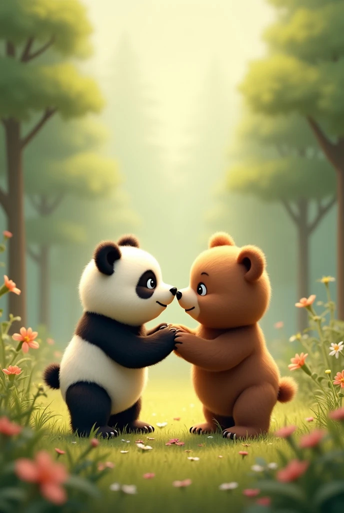 Make a picture of a panda bear and a brown bear of the same size as the little bears