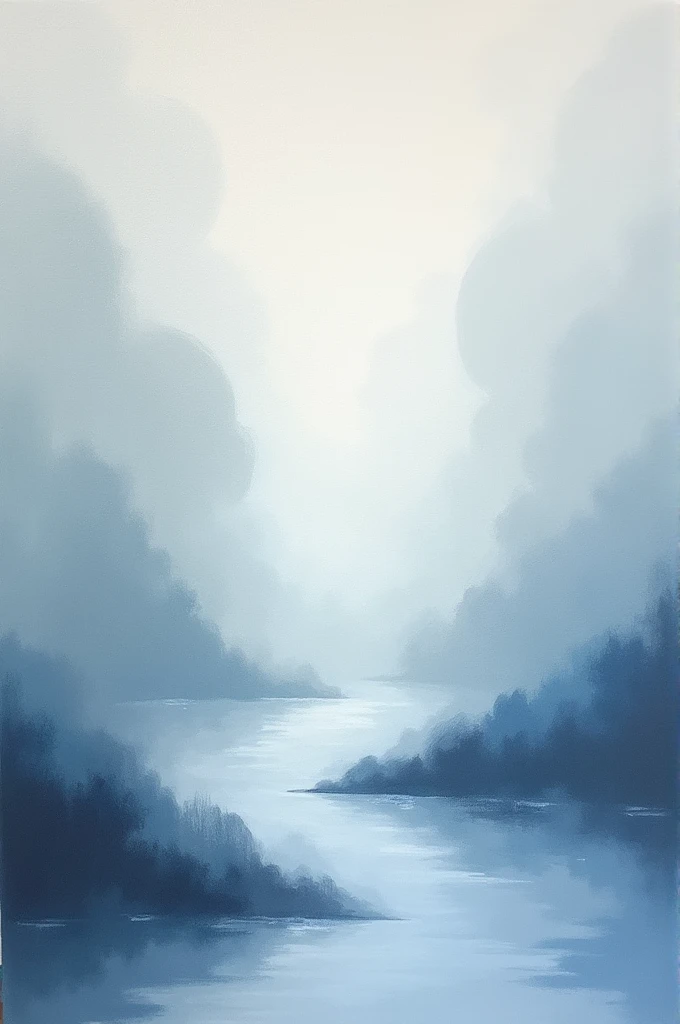 A painting with abstract shapes and light, formless strokes in blue and grey tones that convey tranquility 