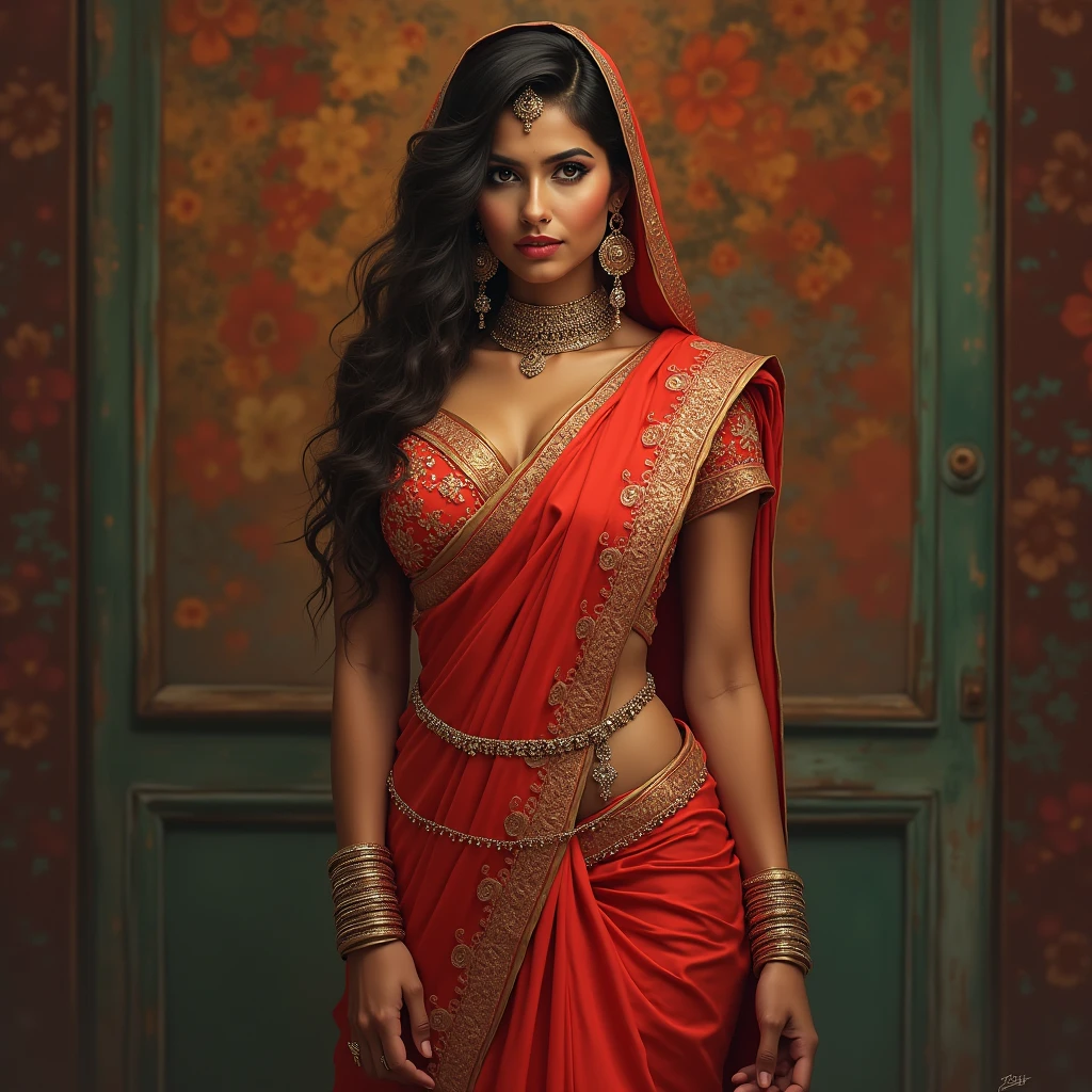 Hot sexy beautiful Big boobies Traditional Indian girl in Saree wearing a thin gold Waist chain around her Navel. And covering her head with Hijab 