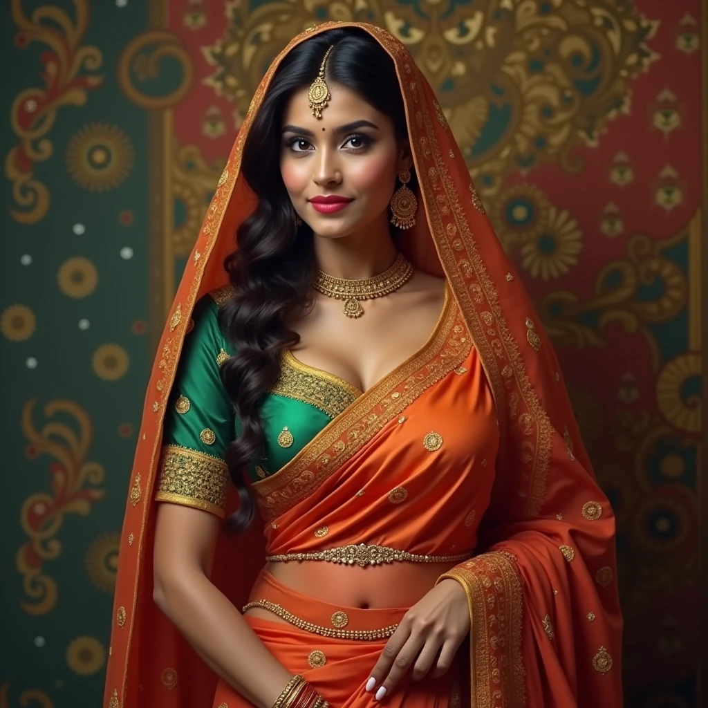 Hot sexy beautiful Big boobies Traditional Indian girl in Saree wearing a thin gold Waist chain around her Navel. And covering her head with Hijab 