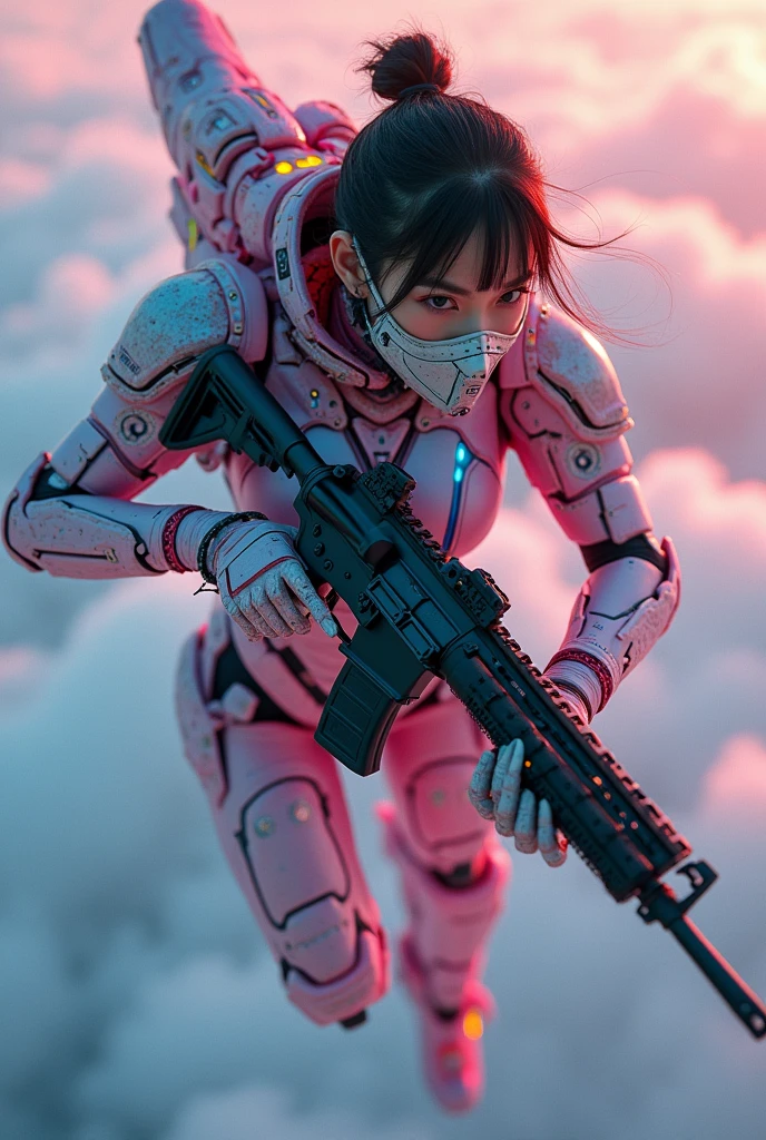 photo-realistic, ultra-realistic, very beautiful Japanese, famous Japanese idol, 20 years old, dramatic scene, masterpiece, beautiful eyes, (extremely intricated with extremely complex pastel colored cute cyber punk mecha armored full-face gas mask:1.5), (wearing extremely intricated with extremely complex multi-layered cyber punk mecha-suits with neon marker:1.4), (She uses the ultra high power rocket engine on her back to flying high speed in the sky:1.5), amazing view from sky, smile, acrobatic pose, dynamic angle, (shoot from behind), Nimble movements, Sharp turns, (very large breasts), (Fully equipped for battle:1.3), (holding m4a1 large assault rifle:1.2),