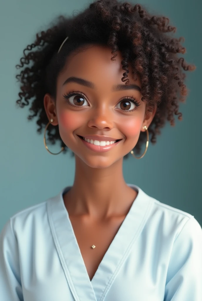 Young 32 year old nurse with a short, friendly face, short curly hair