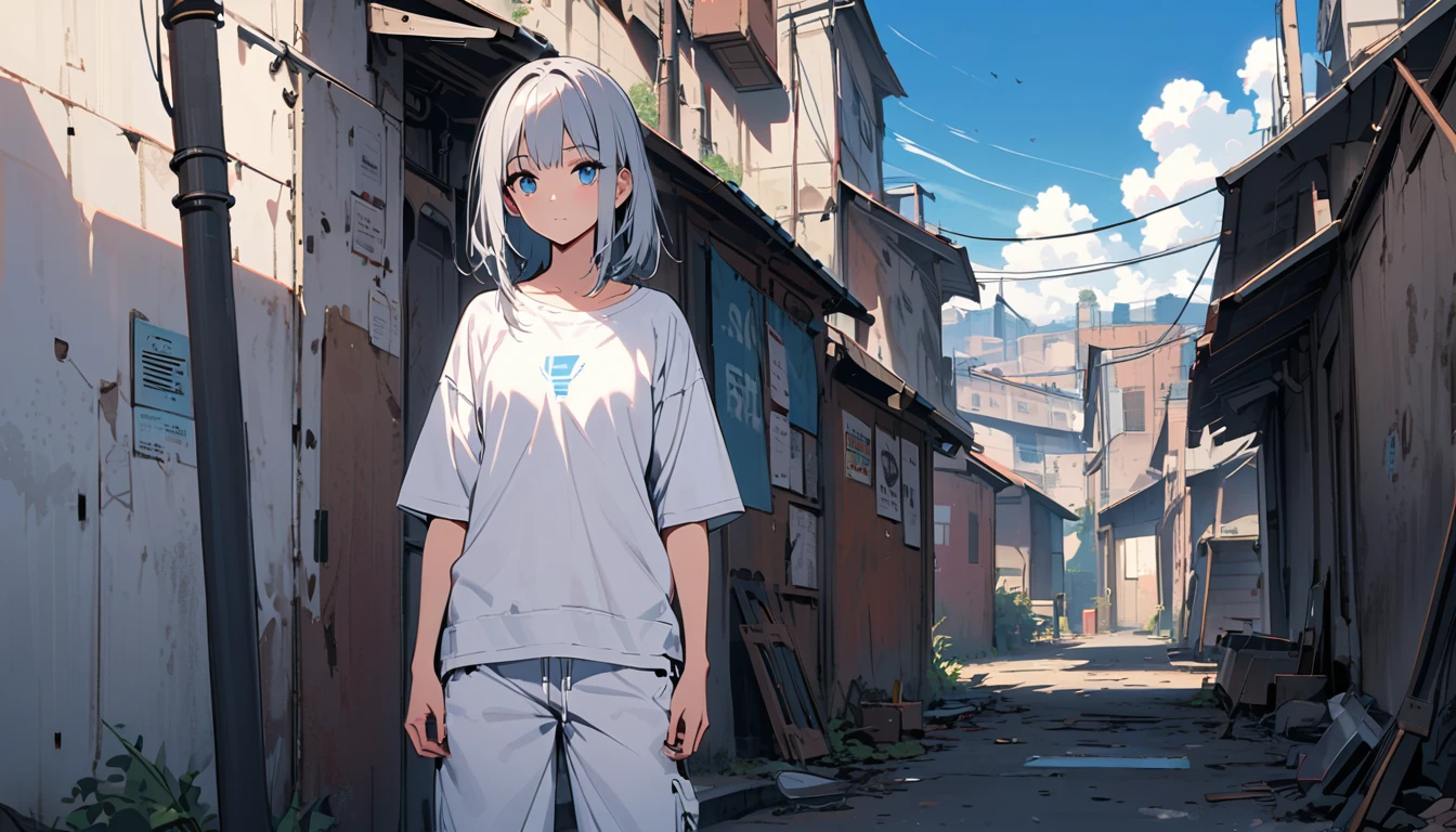 HD 8k, Lonely, 1 female, Medium length hair, Gray Hair, blue eyes, Headphones, White Big T-Shirt, White Cargo Pants, Hip Hop Style, White sneakers, human center, Outdoor, blue sky, White cloud, wall, Front view, Slums