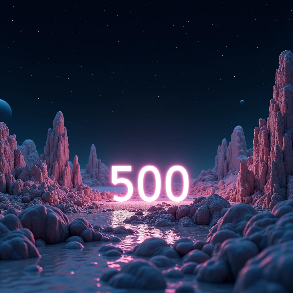 A photorealistic shot of an alien landscape otherworldly made with geometrical hills and rocks scattered around with rocks and weird flora. Floating geometrical rocks levitating above ground scattered around. The word "500" made of quartz and is on the center of the scene emerging from the ground. It's night time and the sky is pitch black full of stars and planets. Realistic, hyperrealism, high resolution, extreme details, extreme quality, volumetric lighting, sharp details, 4k hdr, sci-fi