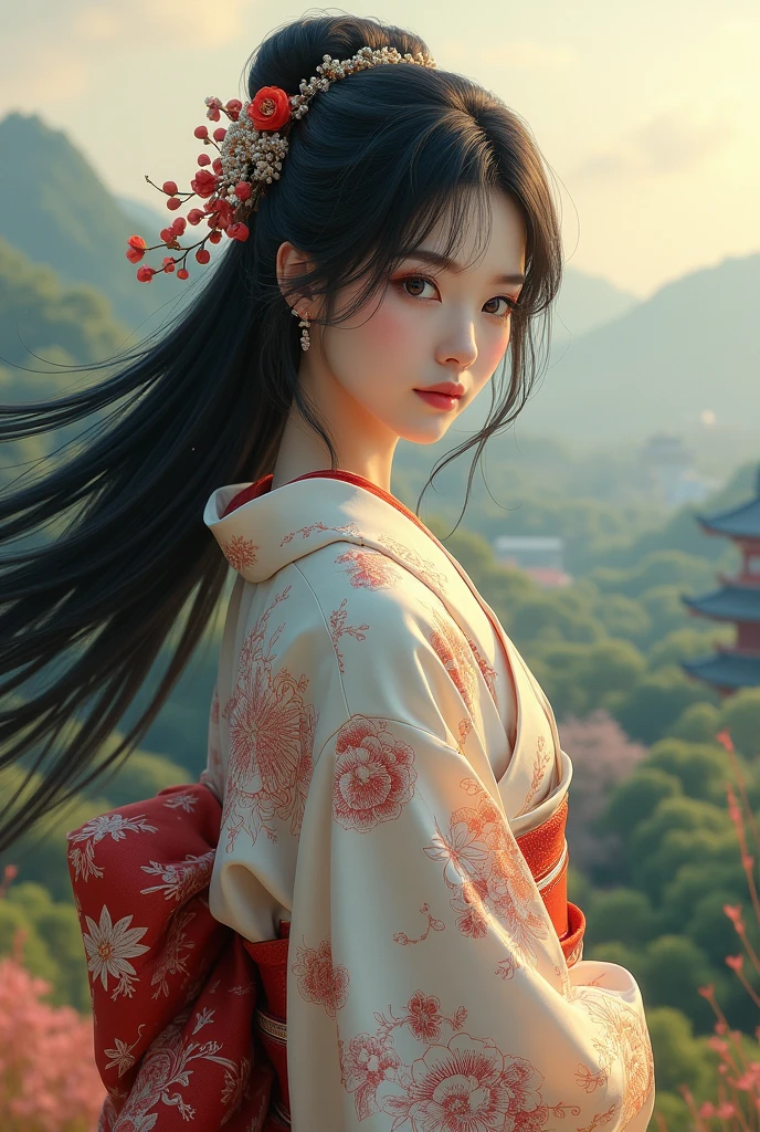 woman、Black Hair、kimono、Japanese pattern、Japanese Landscape