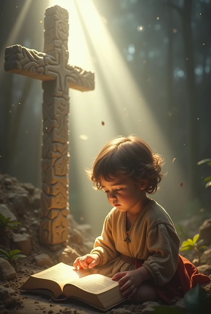 Child reading the Bible receiving a light from the sky, in the background a cross and two stone tablets with the ten commandments