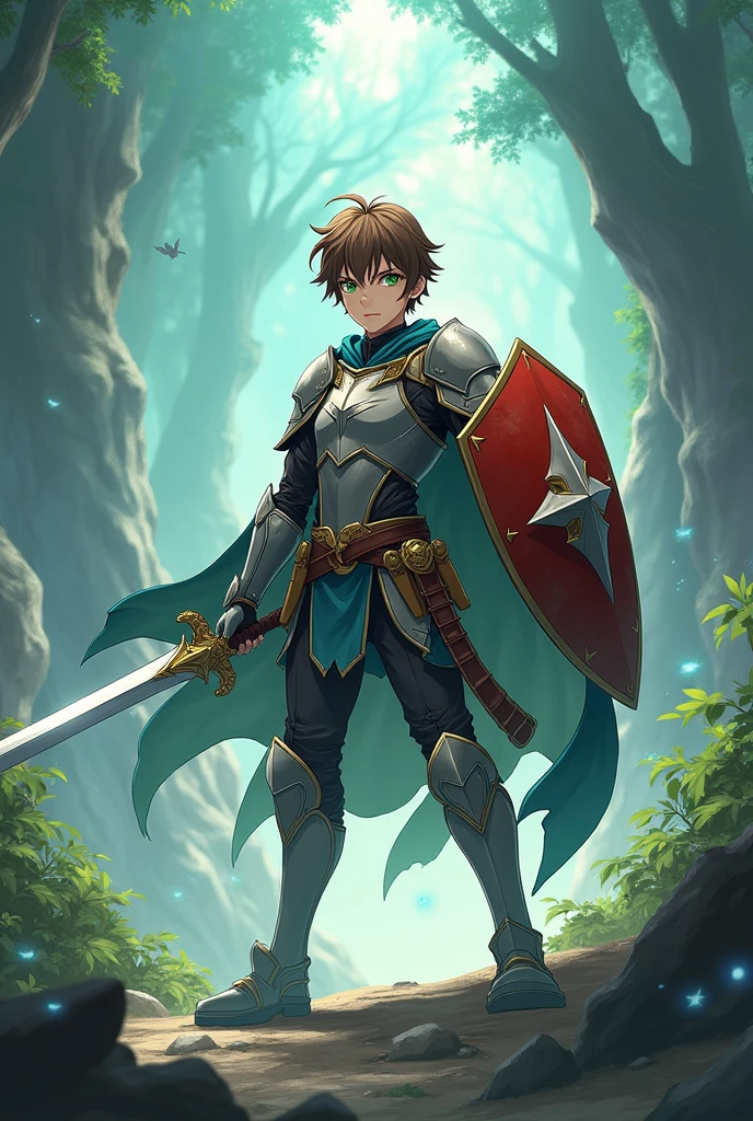 18 year old isekai anime style paladin with short brown hair, green eyes and a short build using a sword and shield