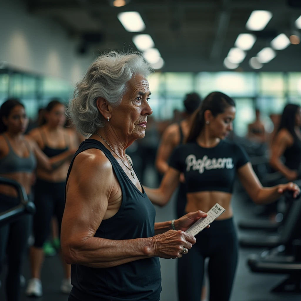 Inside a bustling and overcrowded gym predominantly filled with women, the scene is saturated with activity, as high-end weight machines and state-of-the-art exercise equipment fill every corner of the background. In the foreground, captured with exceptional clarity, stands an elderly Brazilian woman, 6, holding a small workout sheet, the size of a card, in her trembling hand. Her expression is one of deep desolation and abandonment, her face marked by the wrinkles of frustration and confusion as she struggles to understand the exercise instructions. Despite her visible need for assistance, she is completely unattended, a figure of sorrow lost in the sea of activity. The gym is filled to capacity, with every machine in use, creating an intense atmosphere. In the background, slightly out of focus but clearly visible, the young gym instructor—a 24-year-old Black woman wearing a fitted black t-shirt with ‘PROFESSORA’ emblazoned across her chest—is overwhelmed. She is surrounded and practically cornered by a large group of female students, all of whom are visibly frustrated and dissatisfied, their expressions clearly showing their irritation and disappointment due to the lack of attention. The instructor’s inability to help the elderly woman, overburdened as she is by the overwhelming demands of the other students, leaves the elderly woman feeling completely neglected and alone. This emotionally charged scene is set within a weight training gym, equipped with the finest machines designed primarily for women. The image should be captured with a Canon EOS R5 camera using the renowned RF 50mm f/1.2L lens, celebrated for its sharpness and depth of field. The lighting should be enhanced with a PolarPro QuartzLine ND filter to smooth out contrasts and maintain balanced exposure, while a Tiffen Glimmerglass filter adds a subtle glow that softens the harshness, lending a warm, natural feel. The final image must evoke the intense emotions of abandonment and frustratio