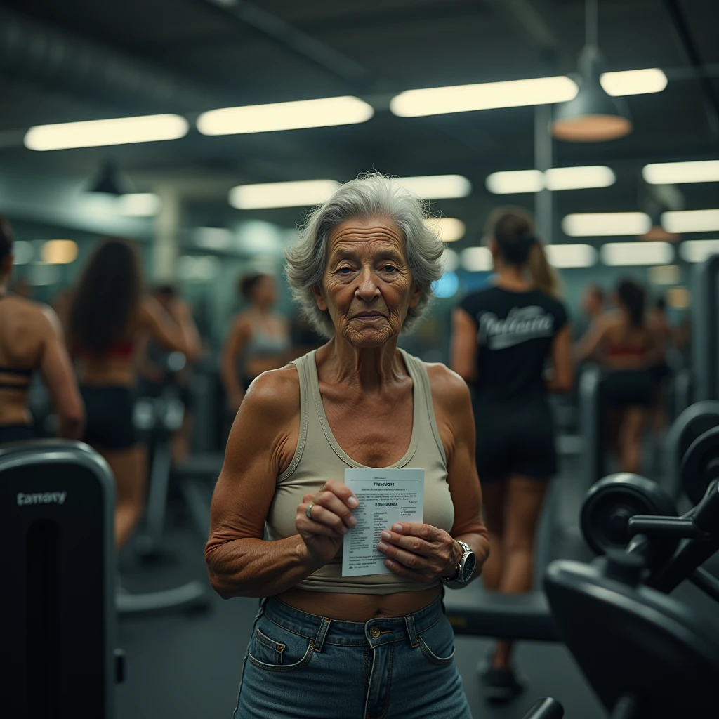 Inside a bustling and overcrowded gym predominantly filled with women, the scene is saturated with activity, as high-end weight machines and state-of-the-art exercise equipment fill every corner of the background. In the foreground, captured with exceptional clarity, stands an elderly Brazilian woman, 6, holding a small workout sheet, the size of a card, in her trembling hand. Her expression is one of deep desolation and abandonment, her face marked by the wrinkles of frustration and confusion as she struggles to understand the exercise instructions. Despite her visible need for assistance, she is completely unattended, a figure of sorrow lost in the sea of activity. The gym is filled to capacity, with every machine in use, creating an intense atmosphere. In the background, slightly out of focus but clearly visible, the young gym instructor—a 24-year-old Black woman wearing a fitted black t-shirt with ‘PROFESSORA’ emblazoned across her chest—is overwhelmed. She is surrounded and practically cornered by a large group of female students, all of whom are visibly frustrated and dissatisfied, their expressions clearly showing their irritation and disappointment due to the lack of attention. The instructor’s inability to help the elderly woman, overburdened as she is by the overwhelming demands of the other students, leaves the elderly woman feeling completely neglected and alone. This emotionally charged scene is set within a weight training gym, equipped with the finest machines designed primarily for women. The image should be captured with a Canon EOS R5 camera using the renowned RF 50mm f/1.2L lens, celebrated for its sharpness and depth of field. The lighting should be enhanced with a PolarPro QuartzLine ND filter to smooth out contrasts and maintain balanced exposure, while a Tiffen Glimmerglass filter adds a subtle glow that softens the harshness, lending a warm, natural feel. The final image must evoke the intense emotions of abandonment and frustratio