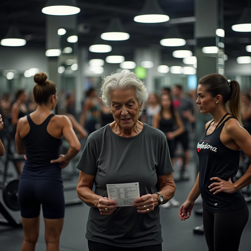 Inside a bustling and overcrowded gym predominantly filled with women, the scene is saturated with activity, as high-end weight machines and state-of-the-art exercise equipment fill every corner of the background. In the foreground, captured with exceptional clarity, stands an elderly Brazilian woman, 6, holding a small workout sheet, the size of a card, in her trembling hand. Her expression is one of deep desolation and abandonment, her face marked by the wrinkles of frustration and confusion as she struggles to understand the exercise instructions. Despite her visible need for assistance, she is completely unattended, a figure of sorrow lost in the sea of activity. The gym is filled to capacity, with every machine in use, creating an intense atmosphere. In the background, slightly out of focus but clearly visible, the young gym instructor—a 24-year-old Black woman wearing a fitted black t-shirt with ‘PROFESSORA’ emblazoned across her chest—is overwhelmed. She is surrounded and practically cornered by a large group of female students, all of whom are visibly frustrated and dissatisfied, their expressions clearly showing their irritation and disappointment due to the lack of attention. The instructor’s inability to help the elderly woman, overburdened as she is by the overwhelming demands of the other students, leaves the elderly woman feeling completely neglected and alone. This emotionally charged scene is set within a weight training gym, equipped with the finest machines designed primarily for women. The image should be captured with a Canon EOS R5 camera using the renowned RF 50mm f/1.2L lens, celebrated for its sharpness and depth of field. The lighting should be enhanced with a PolarPro QuartzLine ND filter to smooth out contrasts and maintain balanced exposure, while a Tiffen Glimmerglass filter adds a subtle glow that softens the harshness, lending a warm, natural feel. The final image must evoke the intense emotions of abandonment and frustratio