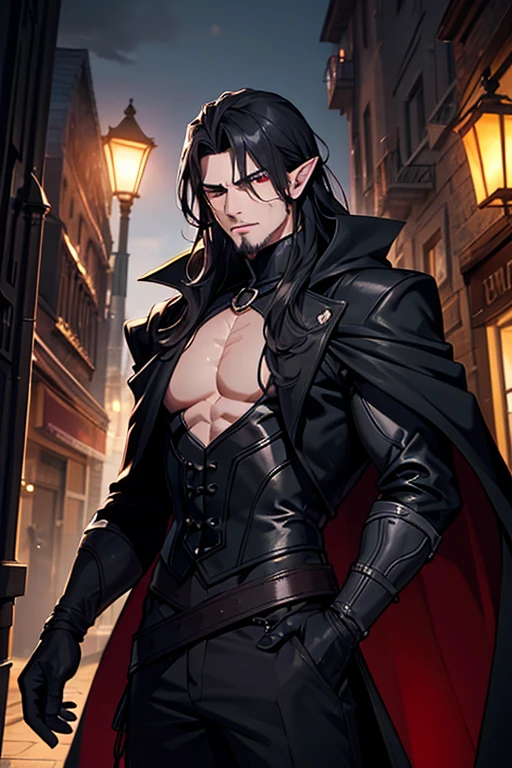 Create an image of a 30 year old man with an athletic body, turned into a vampire. He has grayish skin and pointy ears., with a defined hexagonal shaped face. The left eye is green and the right eye is dark red. Your teeth are yellow and organic, and he has a pointy nose with a scar. The goatee is thin and unshaven, black in color. He has long, wavy hair, black in color, that fall on your shoulders and back. He is wearing a leather and cloth cloak in shades of dark red and gray parts.. His posture is serious and suspicious., with an intense and enigmatic facial expression. The background should be an old, dark city, with little lighting from old streetlights, with narrow, dark streets, and old and deteriorated buildings.