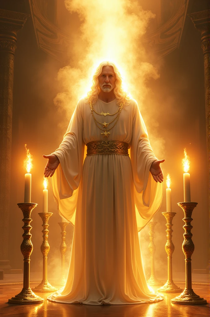 Seven golden candlesticks;
And in the midst of the seven candlesticks, one like the Son of Man, dressed to the feet in a long garment, yes belt, at chest height, with a golden belt.
And his head and hair were as white as wool, like snow, and your eyes, like a flame of fire;
and his feet, similar to shining brass, as if they had been refined in a furnace, and your voice, like the voice of many waters.
And he had in his right hand seven stars; and out of his mouth came a sharp two-edged sword; and his face was like the sun, when in its strength it shines.