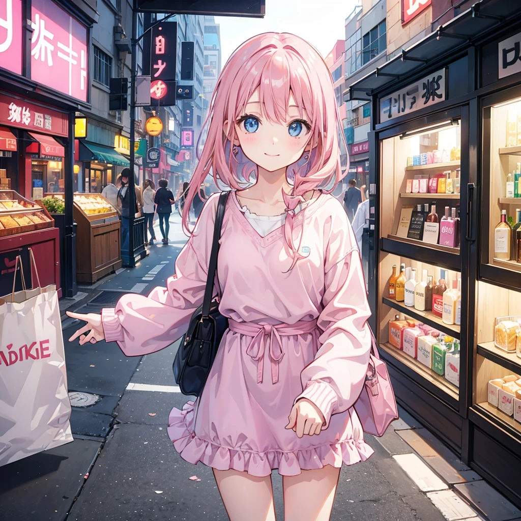 smile、Girl、Street、Pink Hair、Blue eyes、highlight、Brown bag、casual、Lively、Bar Hopping