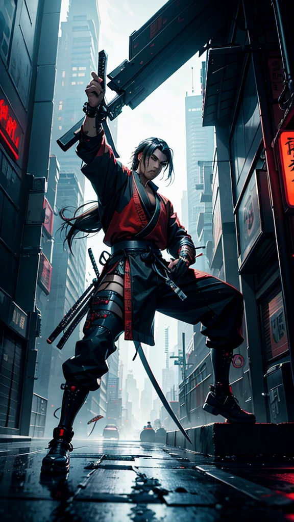 a close up of a man holding a long katana in a city, very beautiful cyberpunk samurai, cyberpunk samurai, neon samurai, samurai jedi, full body of a cyberpunk samurai, samurai posed, Samurai warrior style, best angle, pose ready to fight,  [ trending on cgsociety ]!!, sith lord. dramatic lighting, trending on artstation.', andreas rocha style, urban samurai, cyborg samurai,