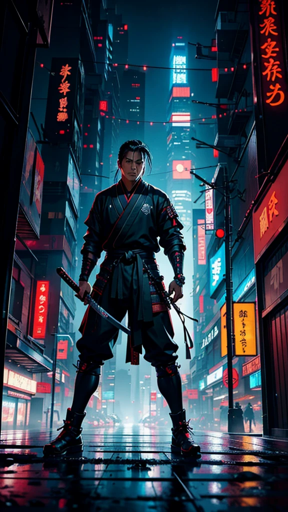 a close up of a man holding a long katana in a city, very beautiful cyberpunk samurai, cyberpunk samurai, neon samurai, samurai jedi, full body of a cyberpunk samurai, samurai posed, Samurai warrior style, best angle, pose ready to fight,  [ trending on cgsociety ]!!, sith lord. dramatic lighting, trending on artstation.', andreas rocha style, urban samurai, cyborg samurai,