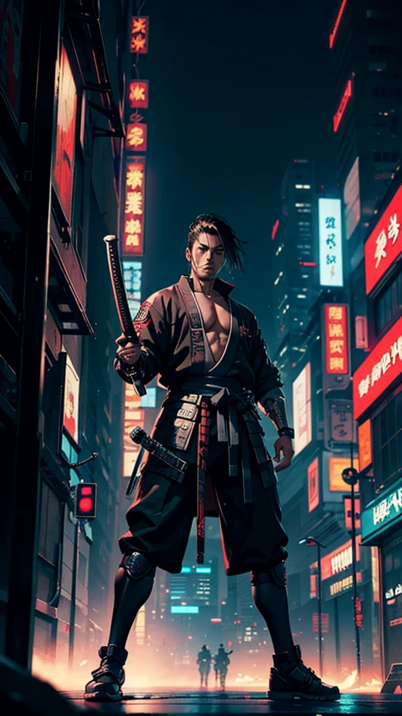 a close up of a man holding a long katana in a city, very beautiful cyberpunk samurai, cyberpunk samurai, neon samurai, samurai jedi, full body of a cyberpunk samurai, samurai posed, Samurai warrior style, best angle, pose ready to fight,  [ trending on cgsociety ]!!, sith lord. dramatic lighting, trending on artstation.', andreas rocha style, urban samurai, cyborg samurai,