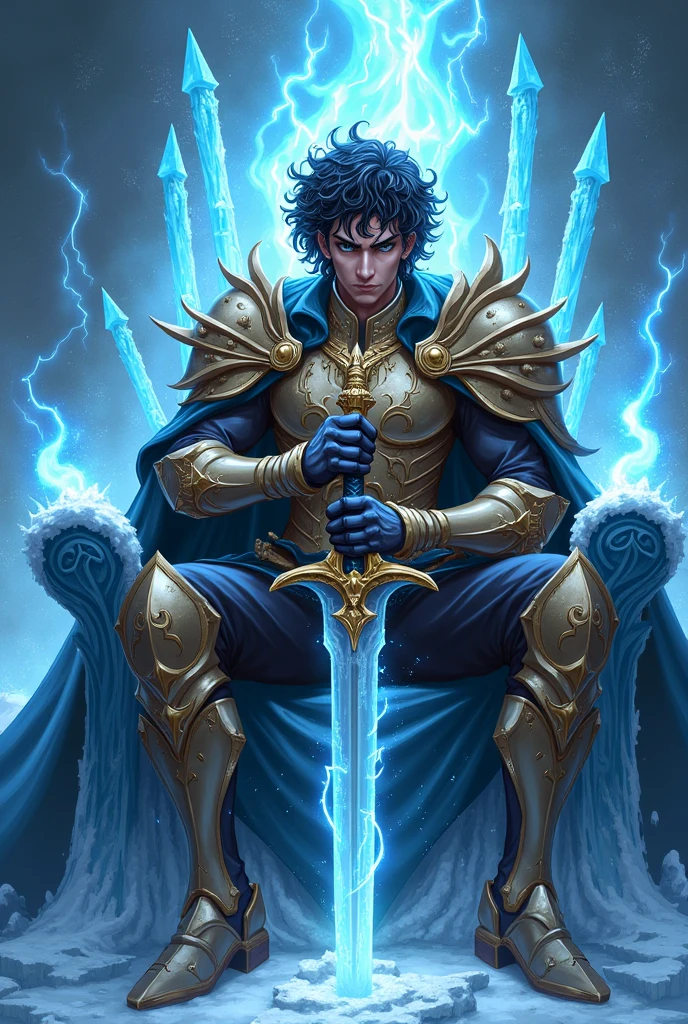 realistic Anime Guy Ice demon King sitting on a Ice throne Holding Excalibur glowing in lightning and fire, curly black hair, light brown skin, with dark brown eyes. Ice Gold armor with black and Gold details. Royal aura with ice swords and spears around. Bad boy face Powerful aura Blue fire